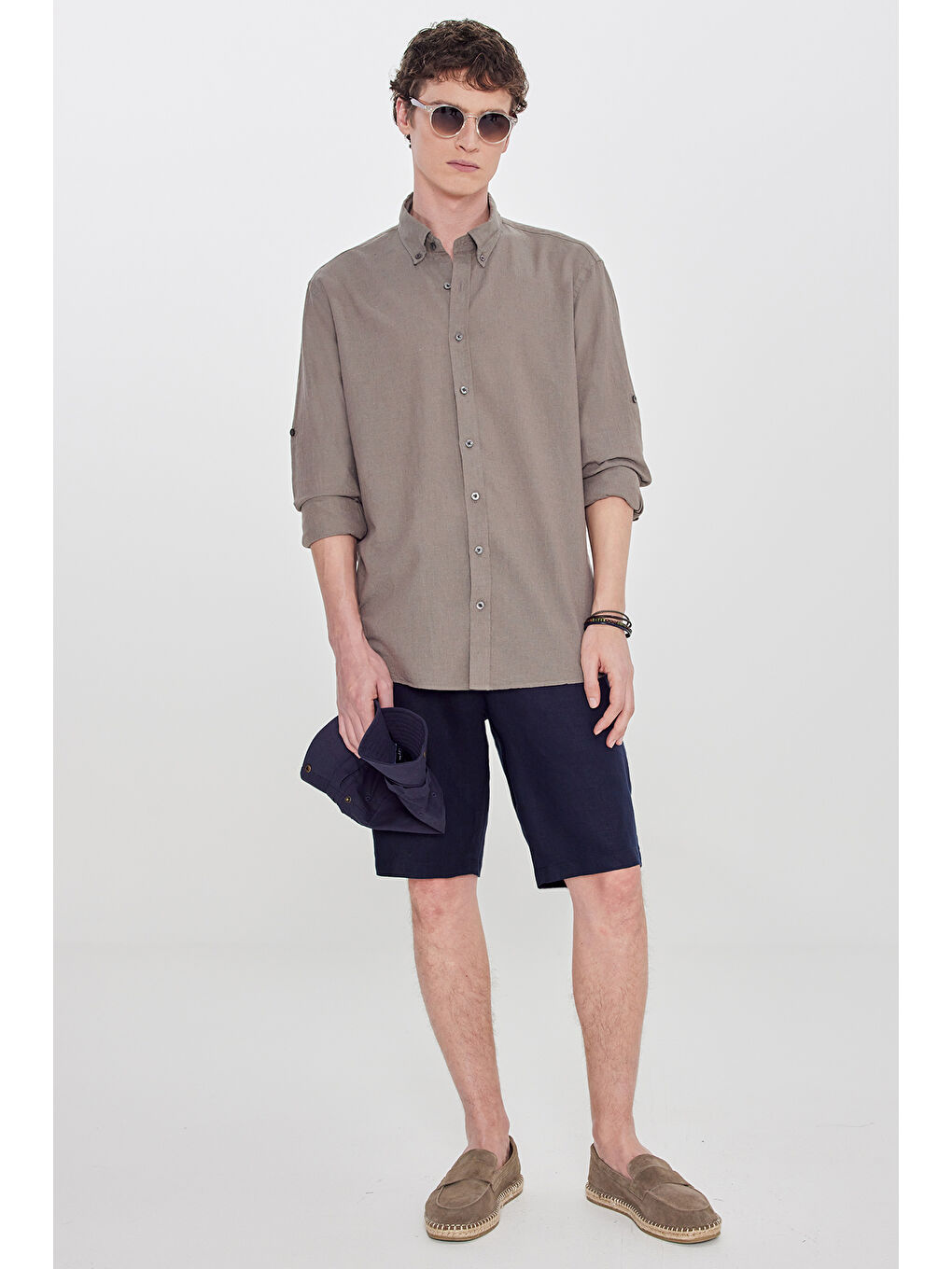 Erkek Haki Pamuklu Keten Comfort Fit Düğmeli Yaka Çizgili Gömlek-1