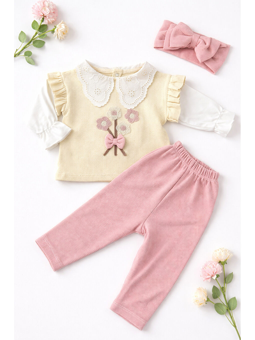Pembe Kız Bebek Çiçek Nakışlı Dantel Yakalı 3’lü Pamuklu Takım