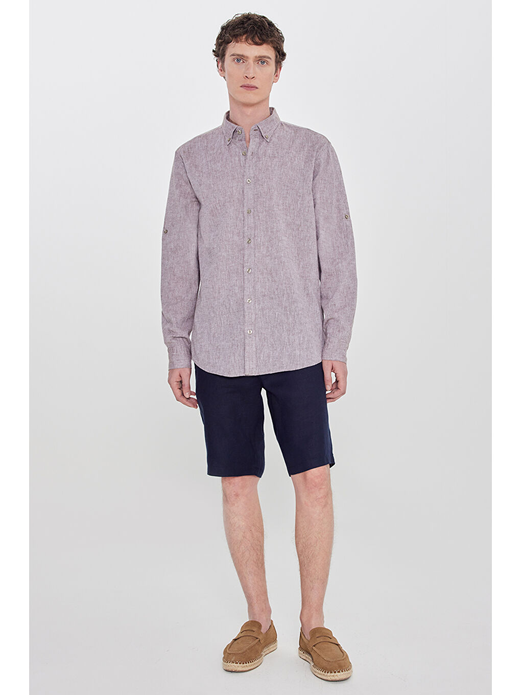 Erkek Kahverengi Pamuklu Keten Comfort Fit Düğmeli Yaka Çizgili Gömlek-1