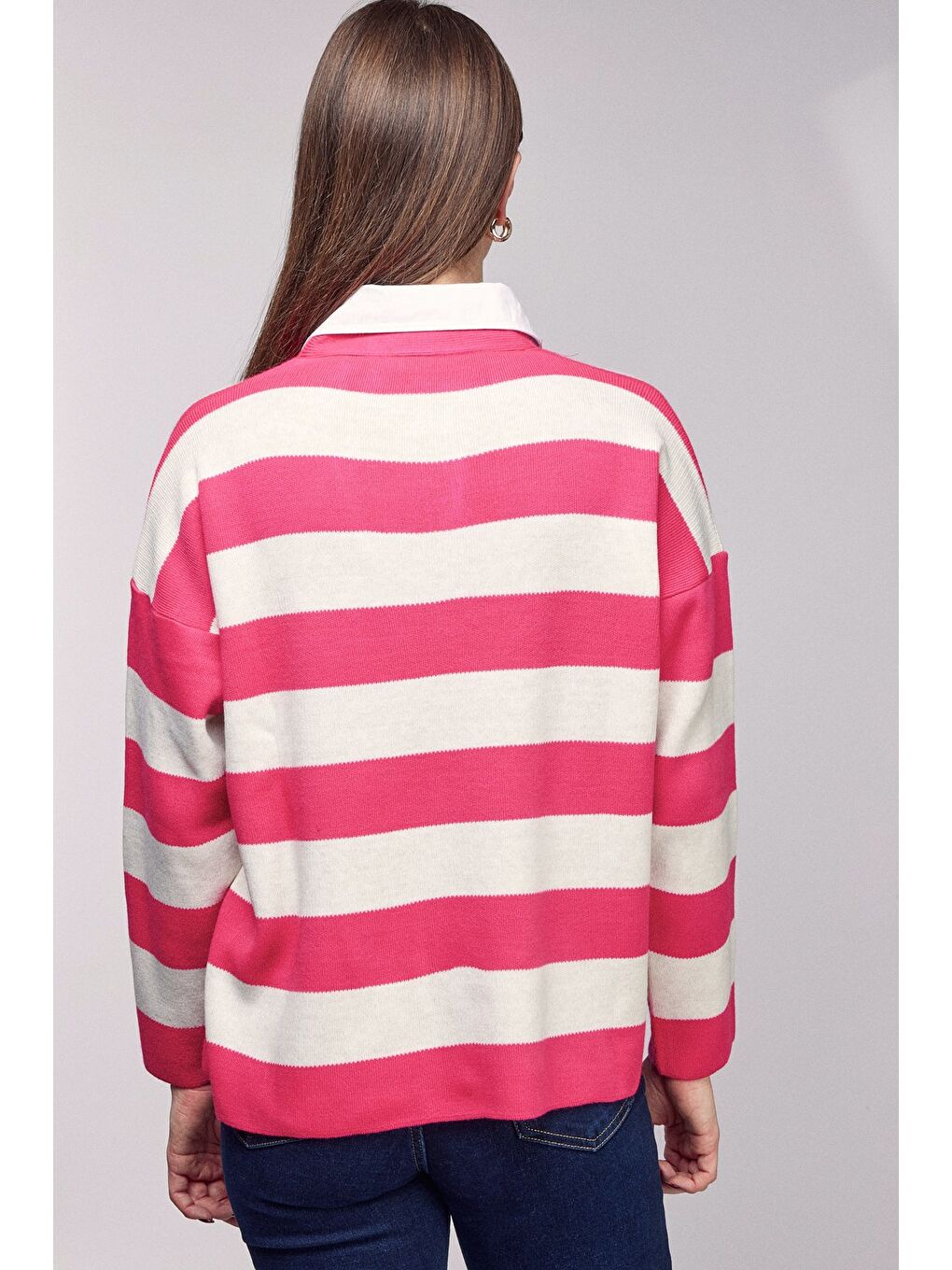 Fuşya Çizgili Gömlek Görünümlü Oversize Triko Hırka-4
