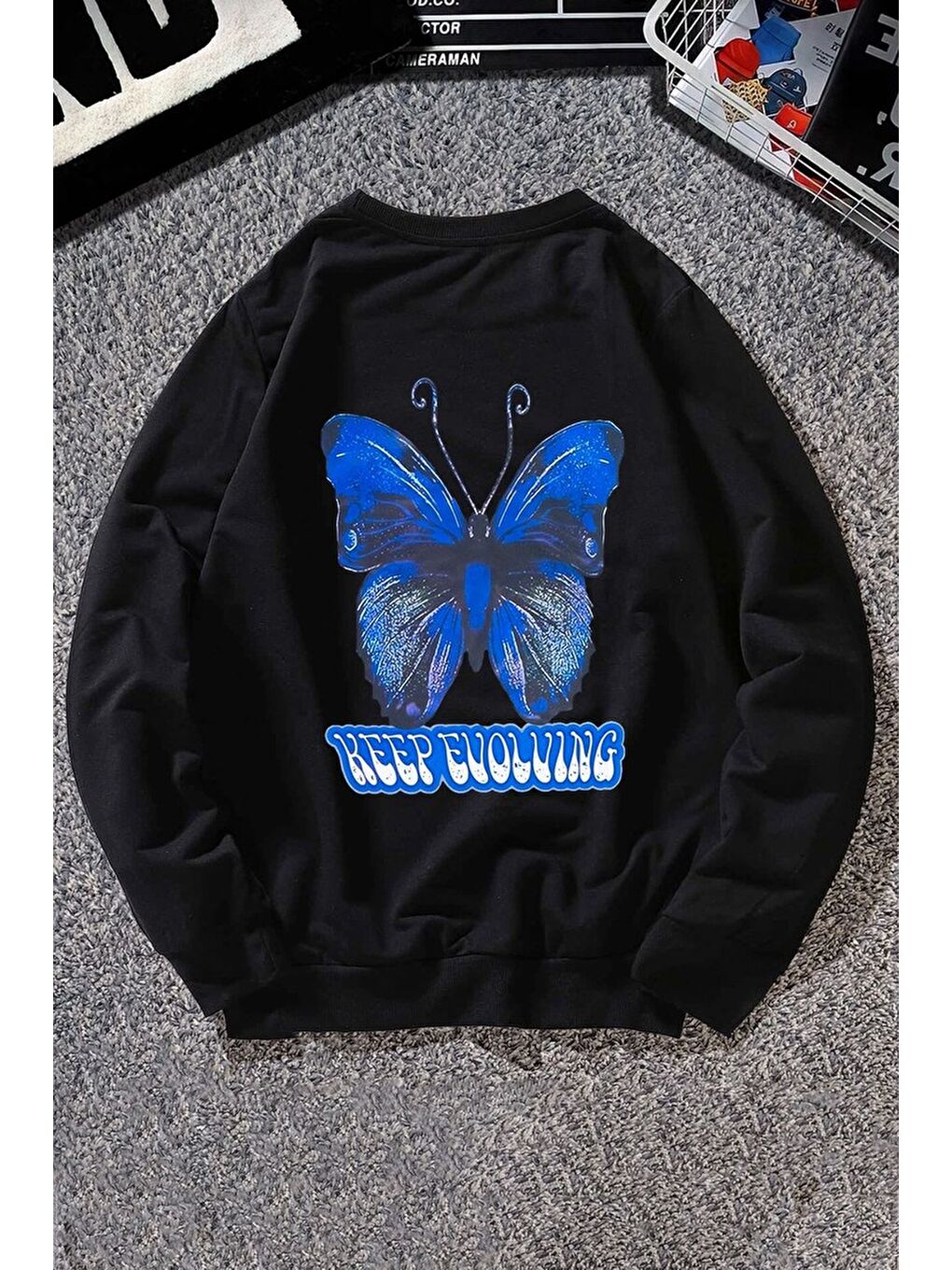 uyguntarz Siyah Unisex Butterfly Baskılı Bisiklet Yaka Sweatshirt