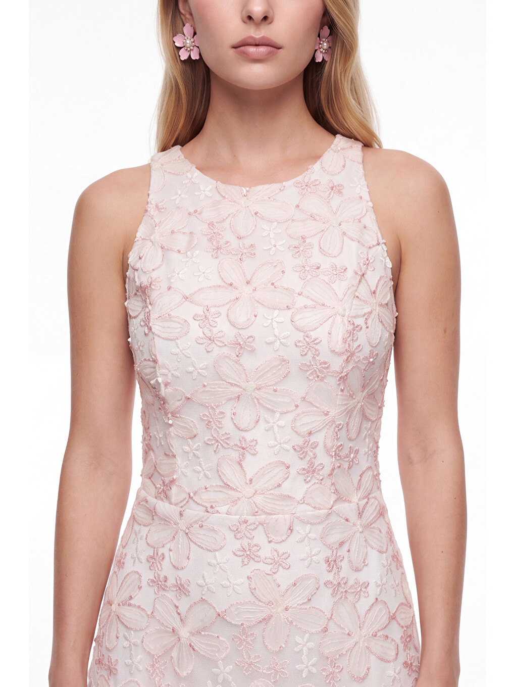 Kadın Pembe Halter Yaka Çiçek Desenli Midi Davet Elbisesi-3
