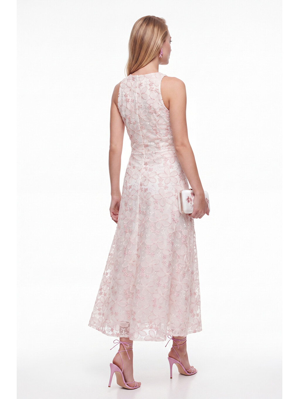 Kadın Pembe Halter Yaka Çiçek Desenli Midi Davet Elbisesi-5