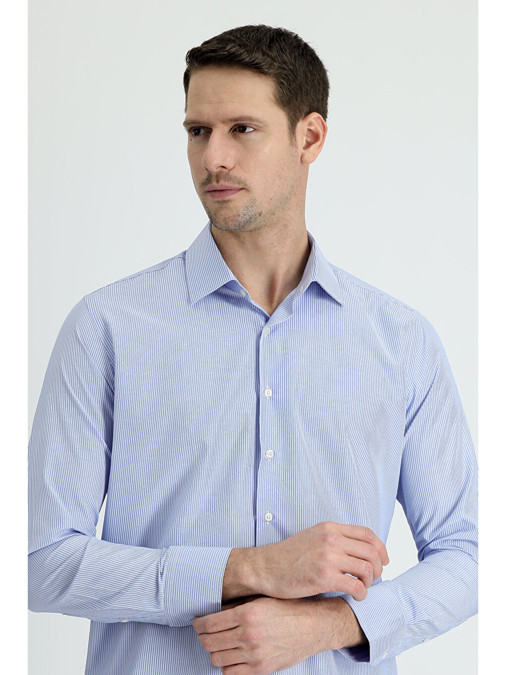 Mavi Uzun Kol Slim Fit Dar Kesim Klasik Çizgili Pamuklu Kolay Ütülenebilir Gömlek-1