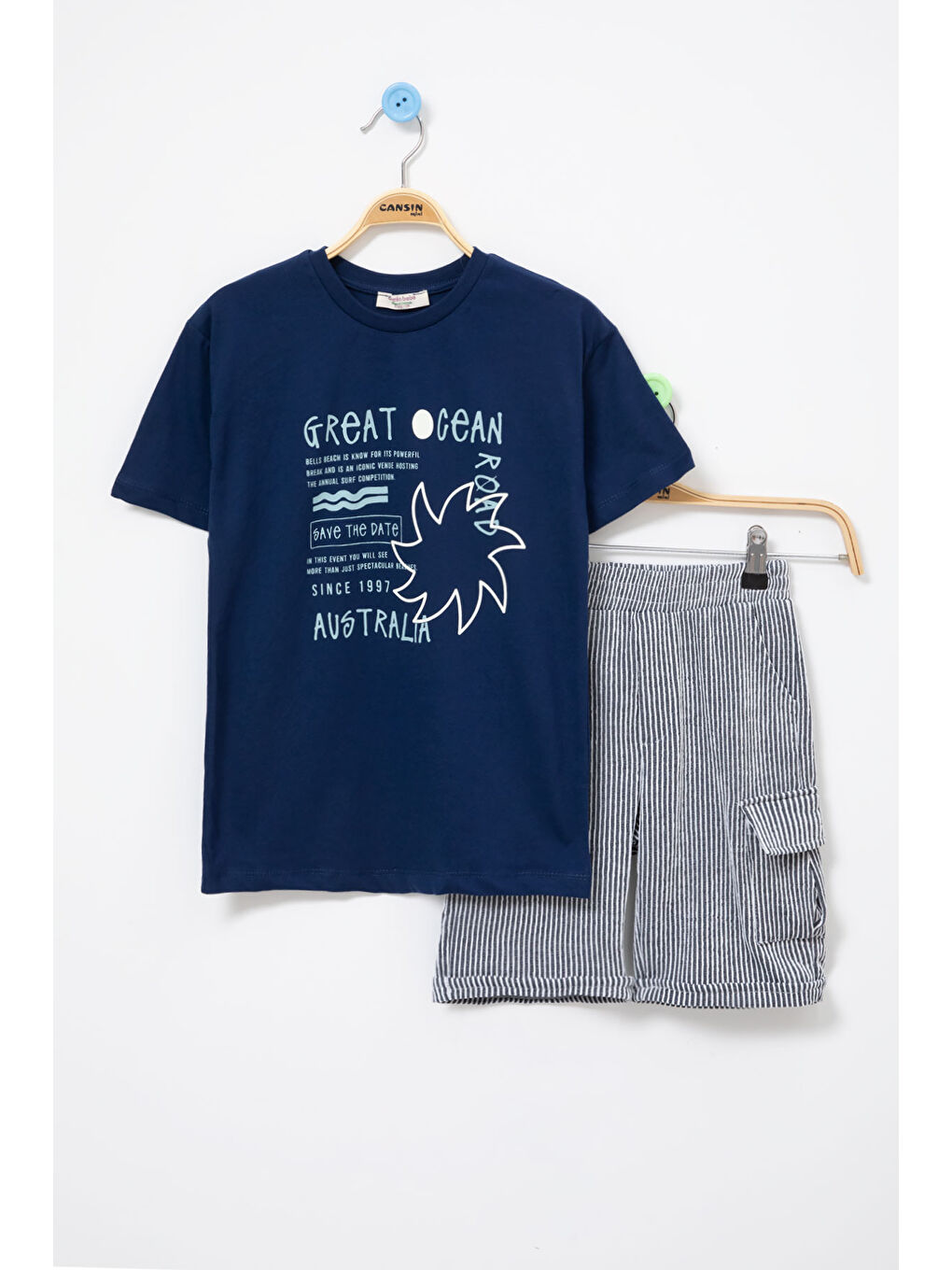 Lacivert Yazı Baskılı Tişörtlü Çizgili Şortlu Erkek Çocuk 2li Takım 21077