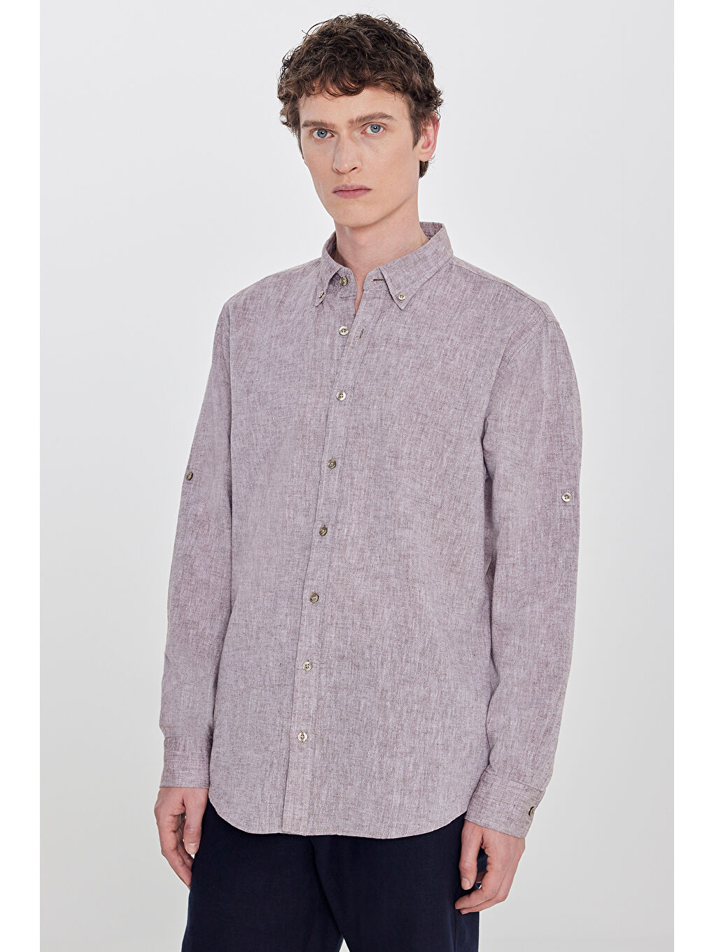 Erkek Kahverengi Pamuklu Keten Comfort Fit Düğmeli Yaka Çizgili Gömlek-2