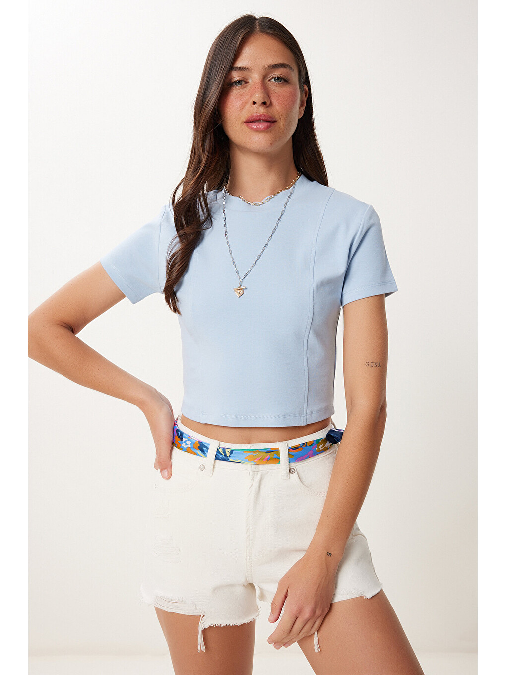 Mavi Basic Crop Esnek Örme T-shirt GÖK MAVİ LUS0160-1