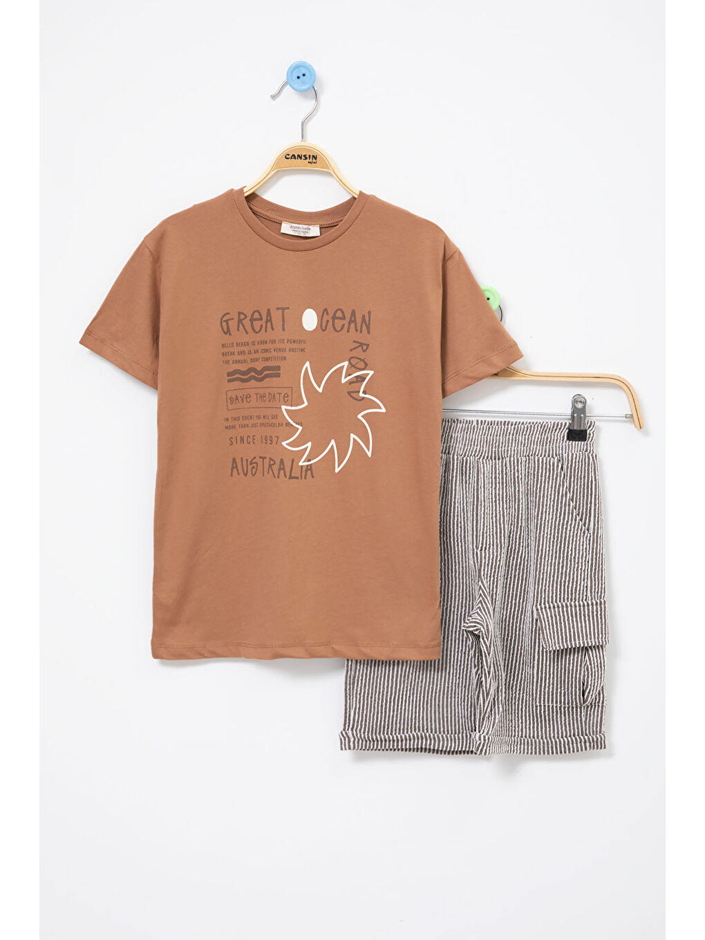 Kahverengi Kahve Yazı Baskılı Tişörtlü Çizgili Şortlu Erkek Çocuk 2li Takım 21078
