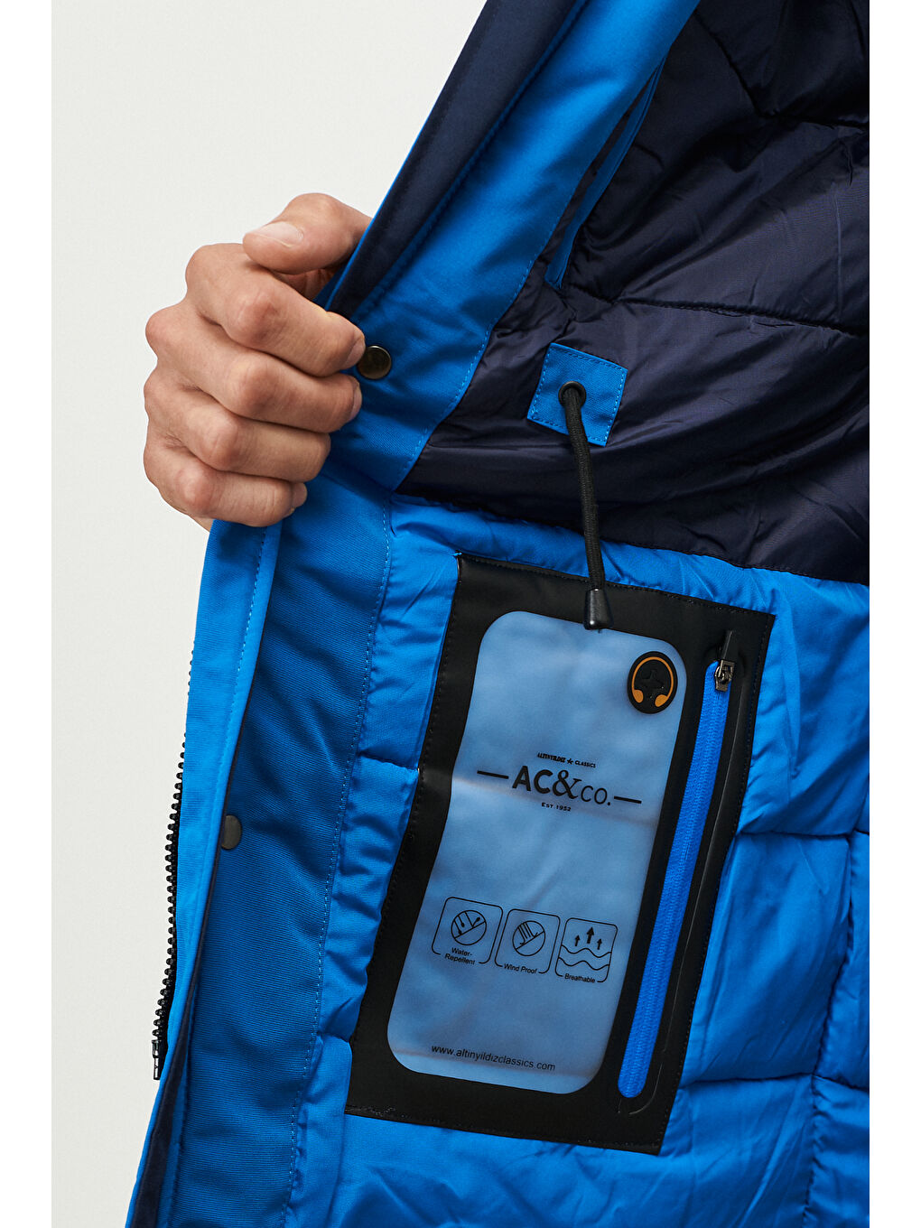 Erkek Mavi Standart Fit Normal Kesim Kapüşonlu Kaban-2