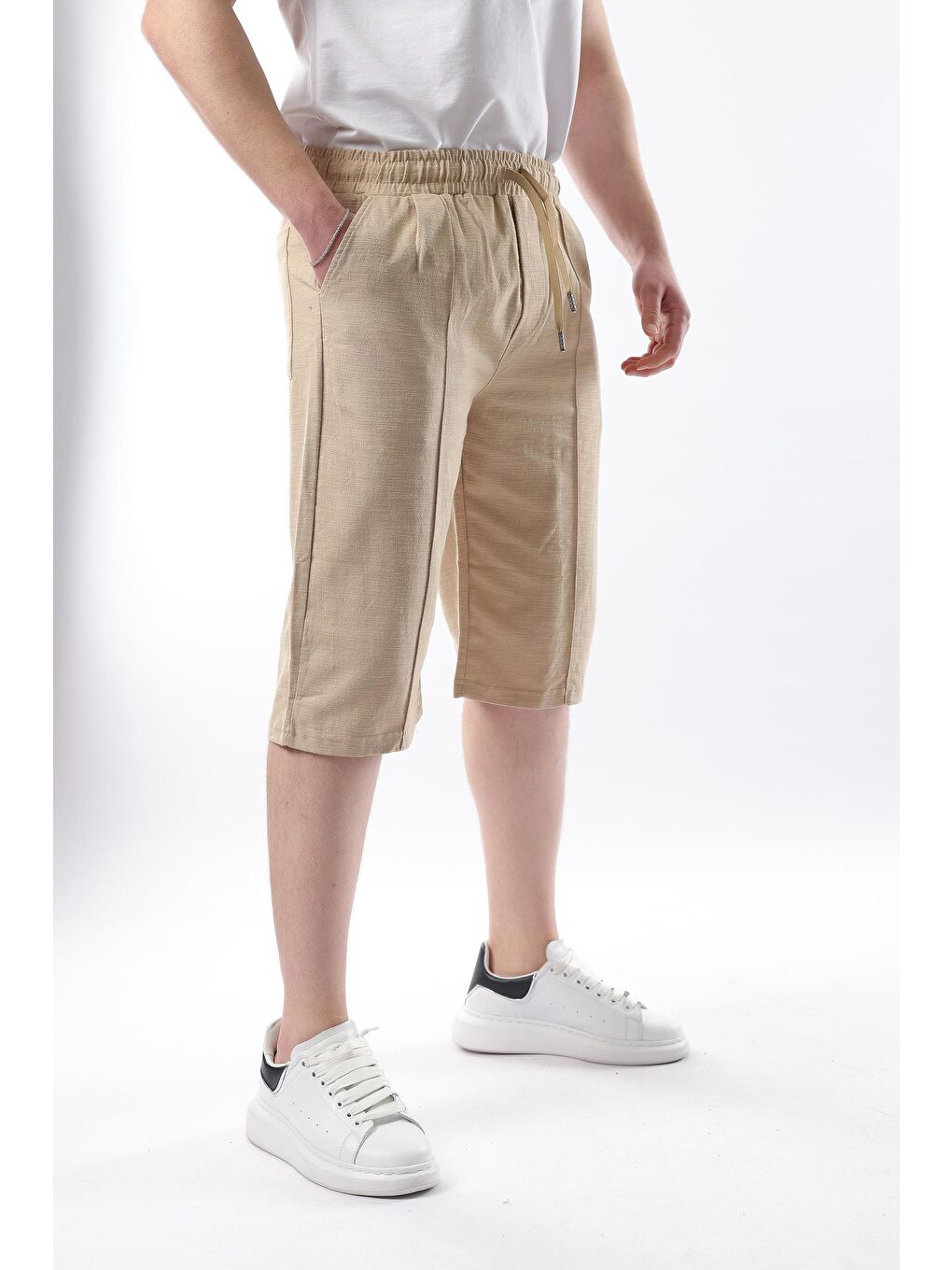 Bej Erkek Keten %100 Pamuk Kapri Şort 6538
