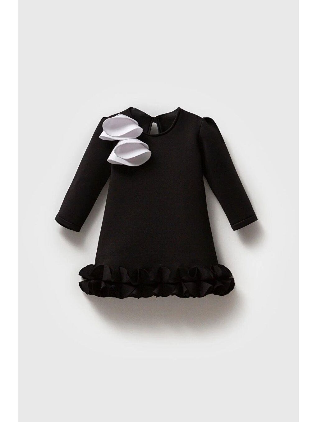 Kız Çocuk Pamuklu Siyah Fiyonklu Volanlı Elbise - Uzun Kollu-1