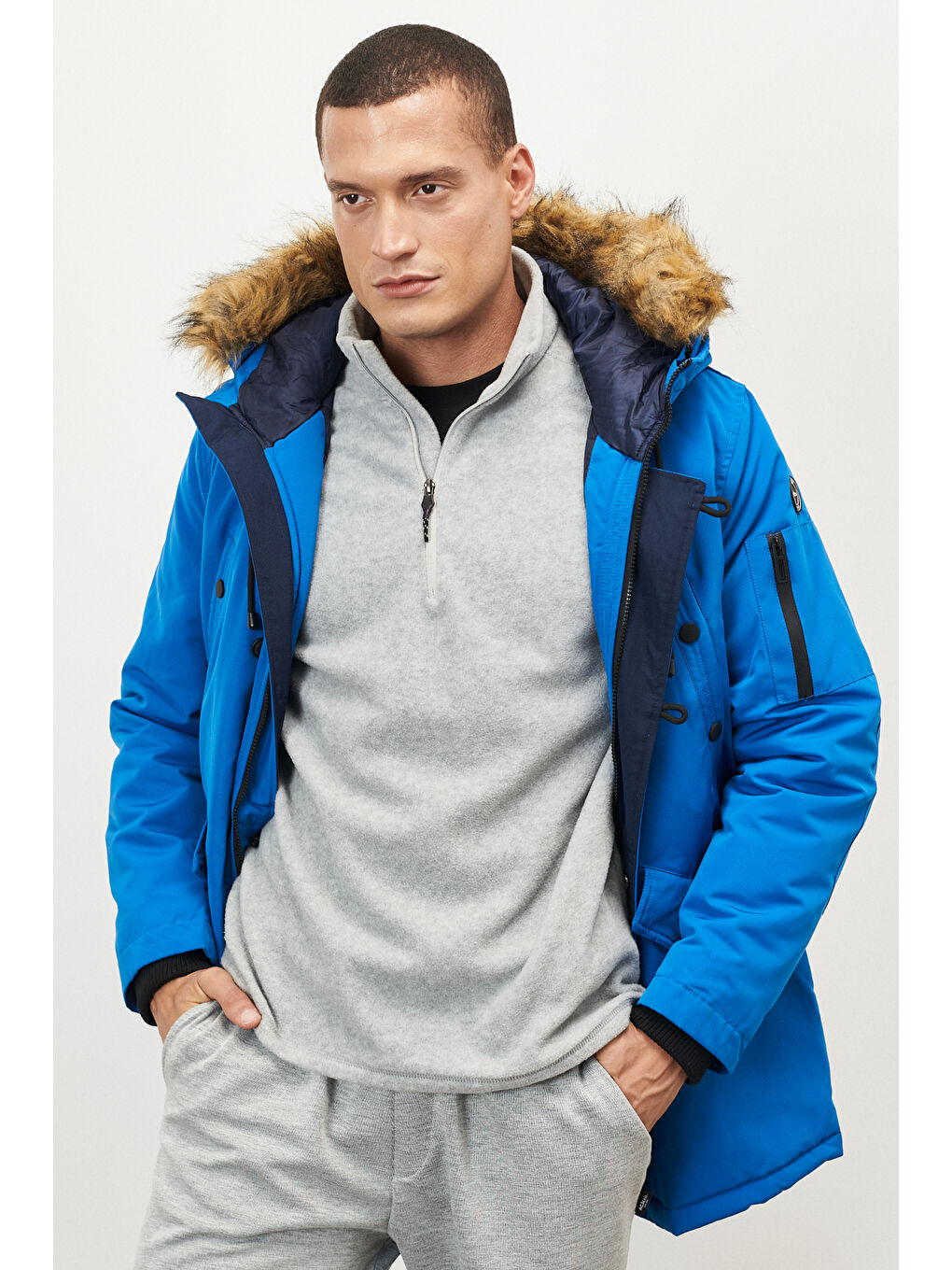 Erkek Mavi Standart Fit Normal Kesim Kapüşonlu Kaban-3