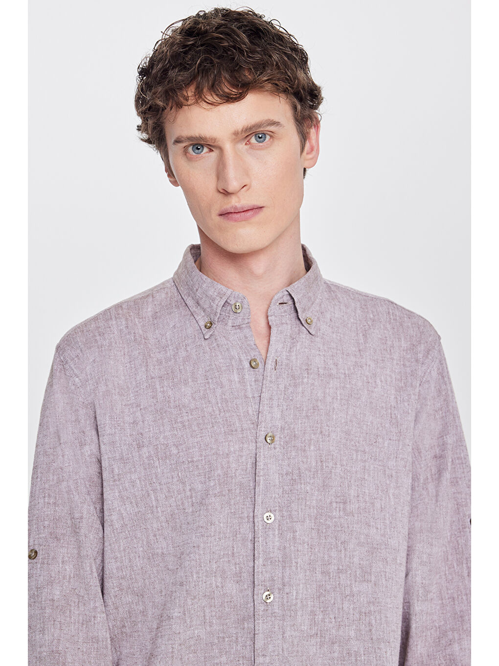 Erkek Kahverengi Pamuklu Keten Comfort Fit Düğmeli Yaka Çizgili Gömlek-3