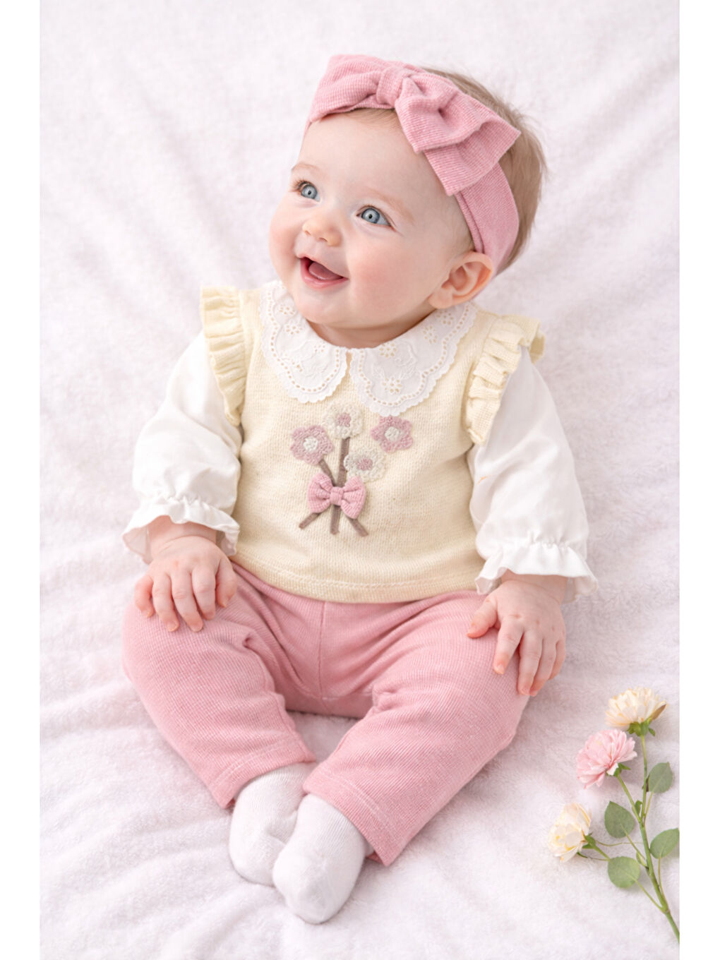 Pembe Kız Bebek Çiçek Nakışlı Dantel Yakalı 3’lü Pamuklu Takım-2