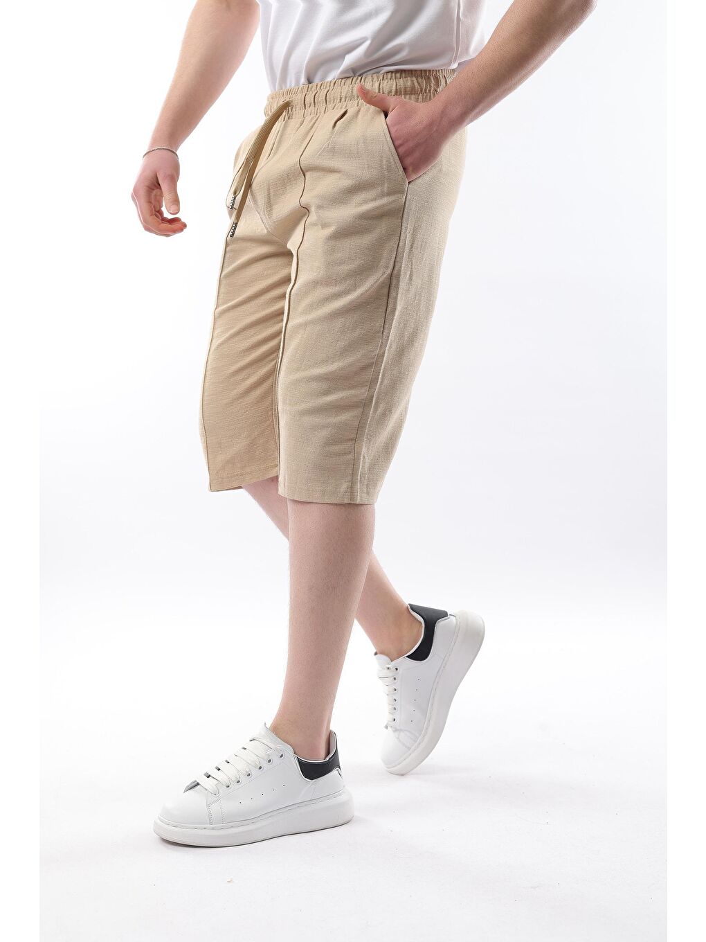 Bej Erkek Keten %100 Pamuk Kapri Şort 6538-1
