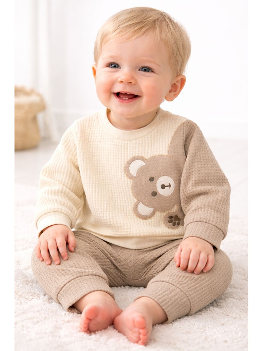 Bej Erkek Bebek Uzun Kollu Waffle 2’li Takım Ayıcık Detaylı