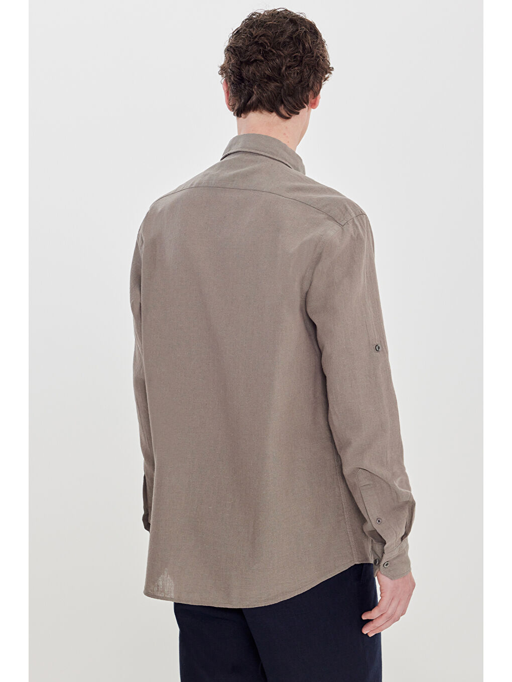 Erkek Haki Pamuklu Keten Comfort Fit Düğmeli Yaka Çizgili Gömlek-4