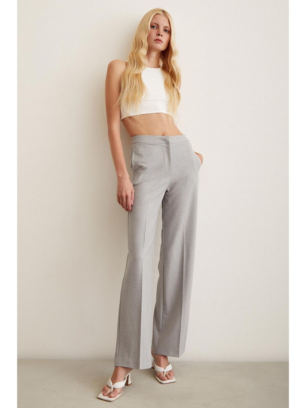 Gri Klasik Geniş Paça Pantolon-2