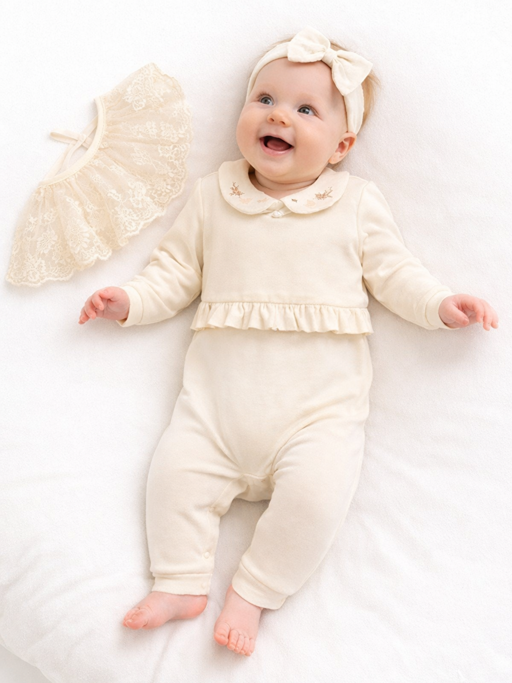 Ekru Kız Bebek Pamuklu Yakası Danteli Parça Tulum Seti 3 Parça %100 Pamuk-2