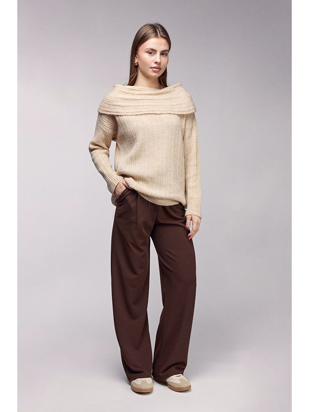 Bej Kayık Yaka Fitilli Oversize Triko Kazak-2