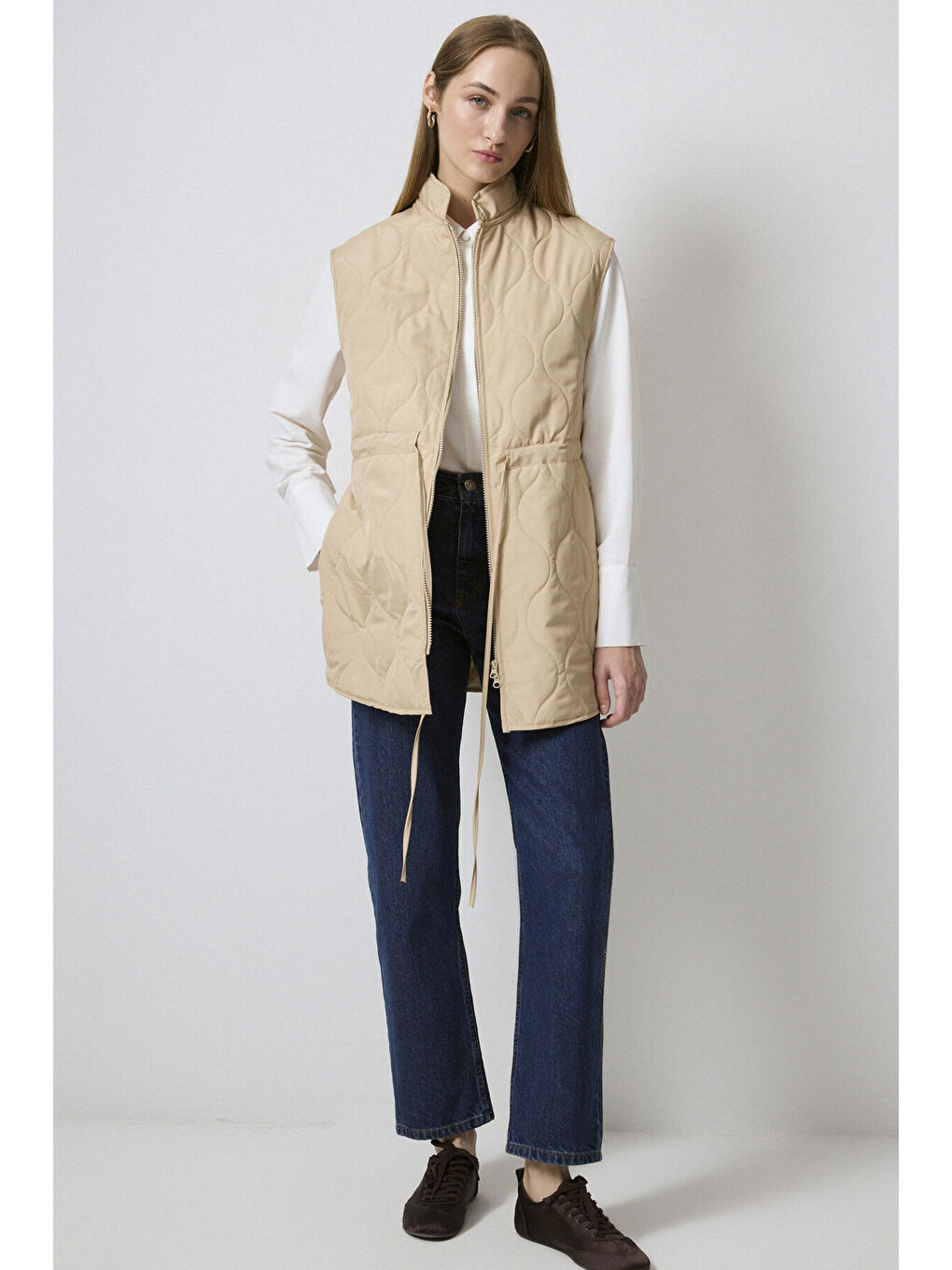 Bej Fermuarlı Kapitone Yelek-1