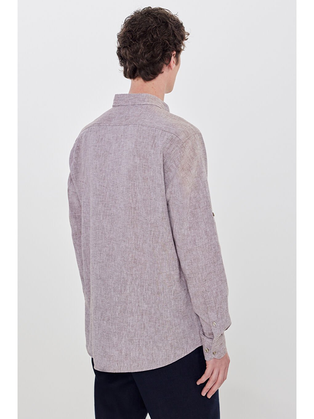 Erkek Kahverengi Pamuklu Keten Comfort Fit Düğmeli Yaka Çizgili Gömlek-4