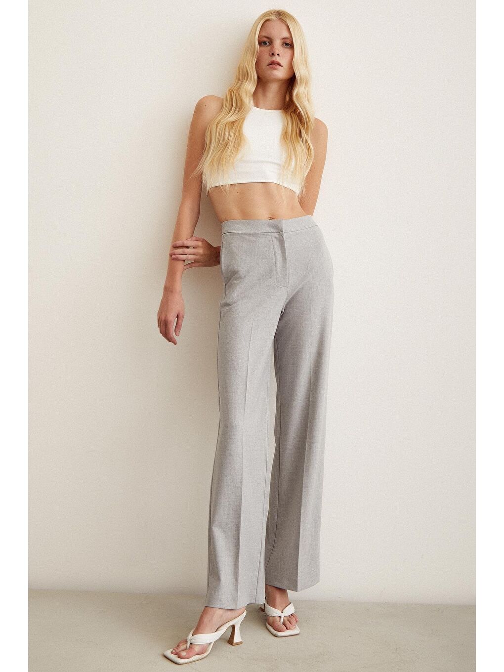 Gri Klasik Geniş Paça Pantolon-3