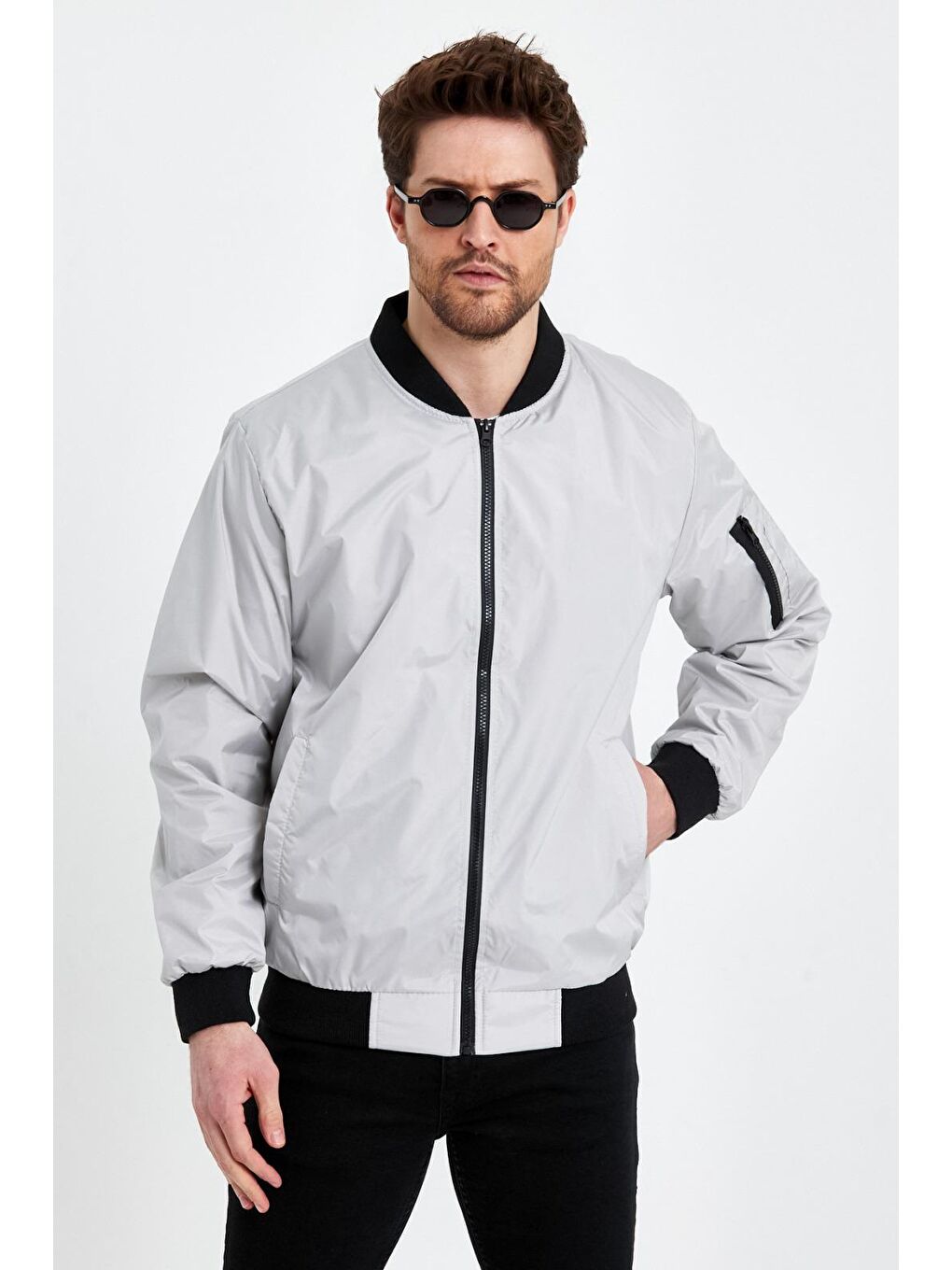 Erkek Fermuarlı Gri Kolej Ceket-3