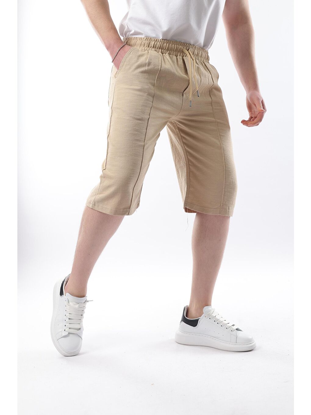 Bej Erkek Keten %100 Pamuk Kapri Şort 6538-3