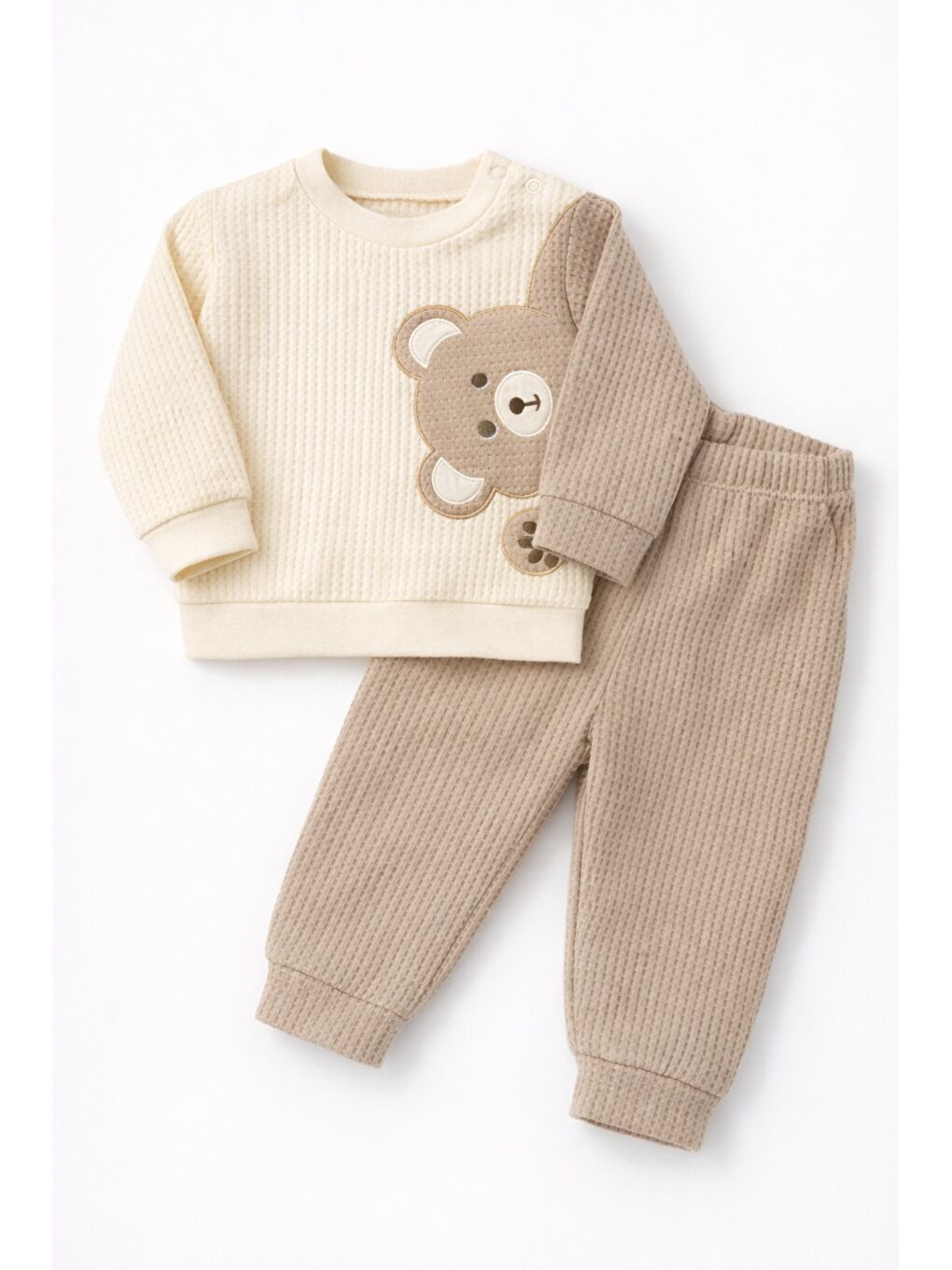 Bej Erkek Bebek Uzun Kollu Waffle 2’li Takım Ayıcık Detaylı-2