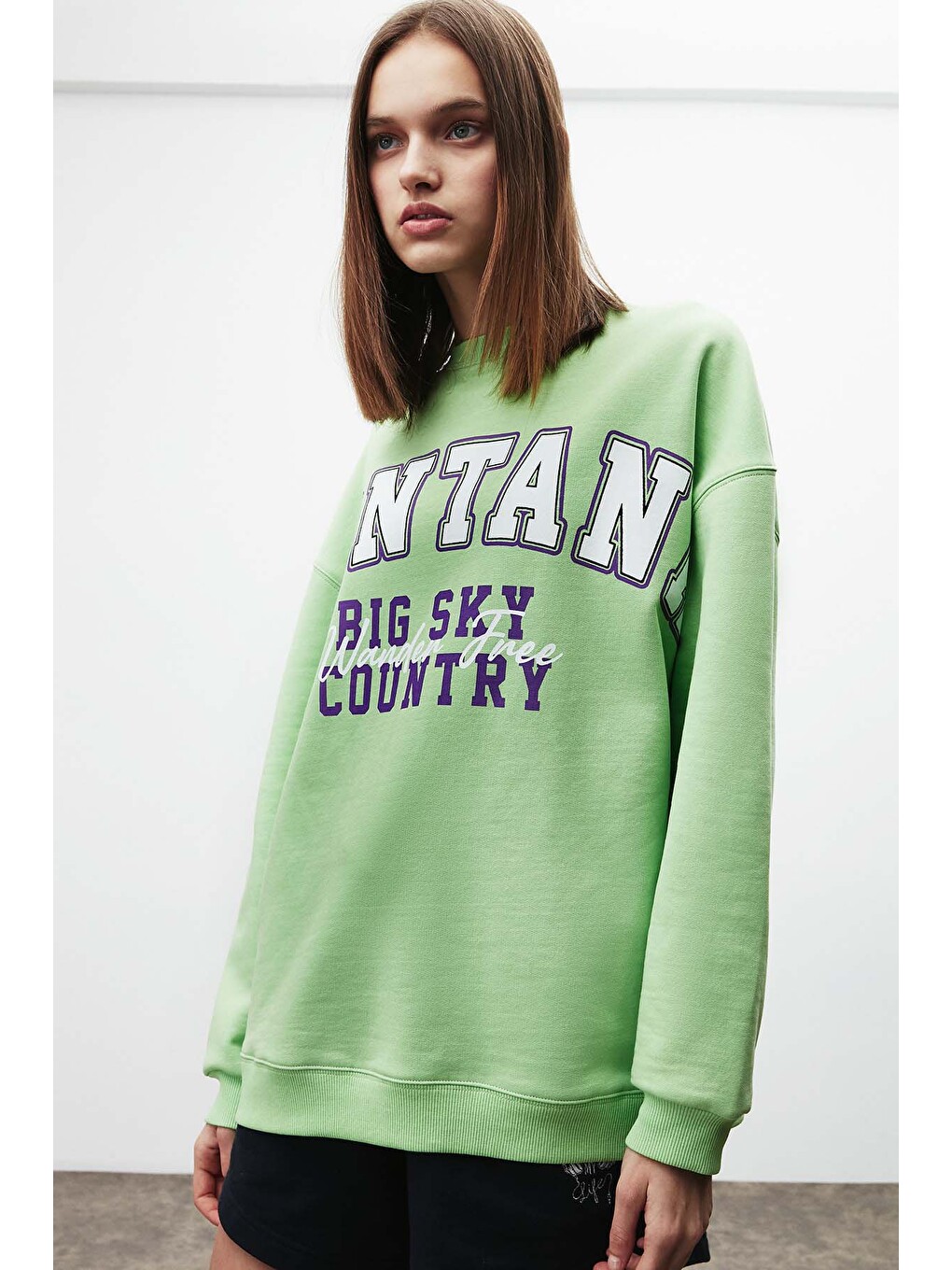 Ramona Kadın Oversize Yumuşacık İçi Polarlı Organik Pamuklu Baskılı Yuvarlak Yakalı Yeşil Sweatshirt-1