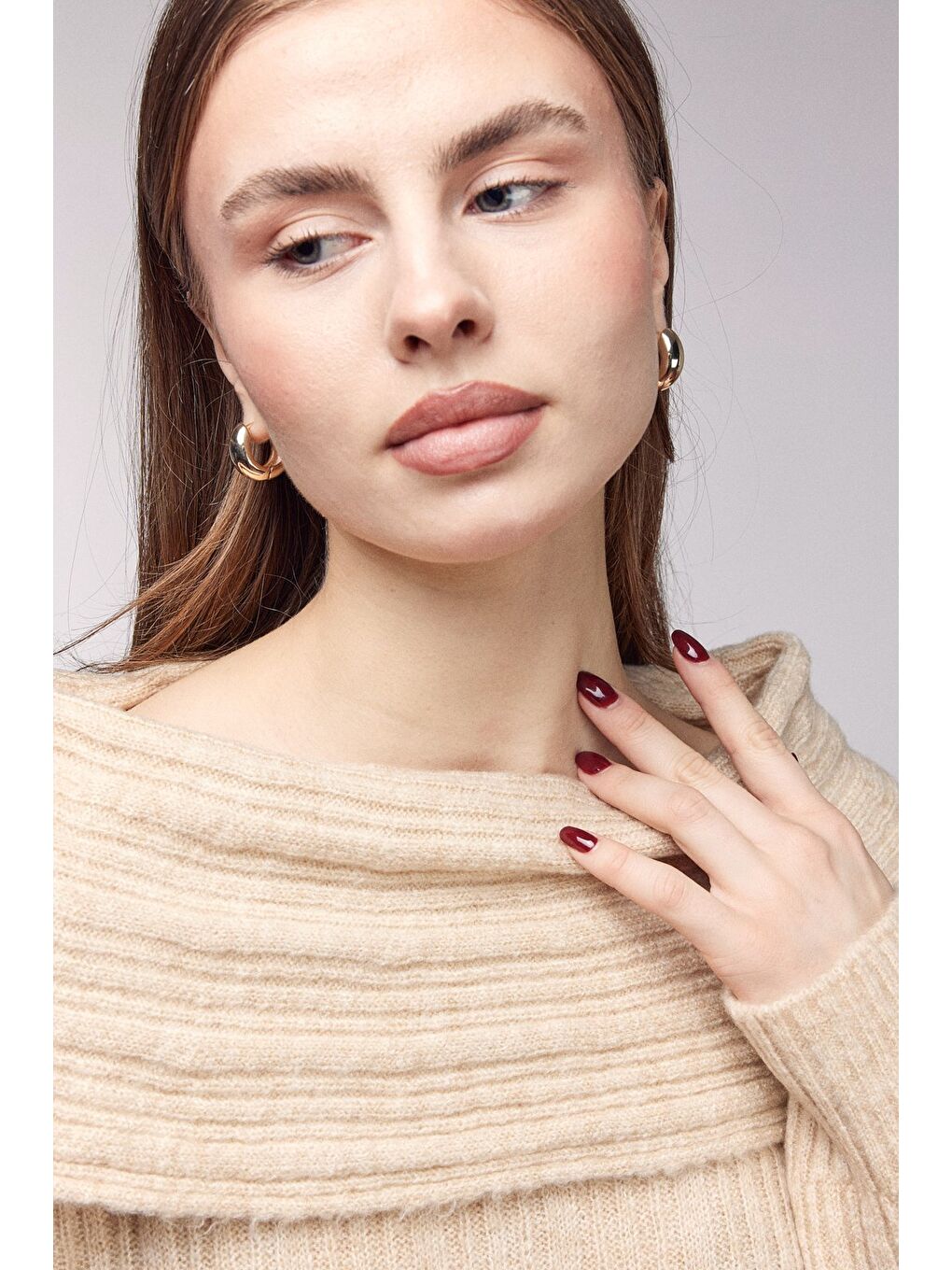 Bej Kayık Yaka Fitilli Oversize Triko Kazak-3