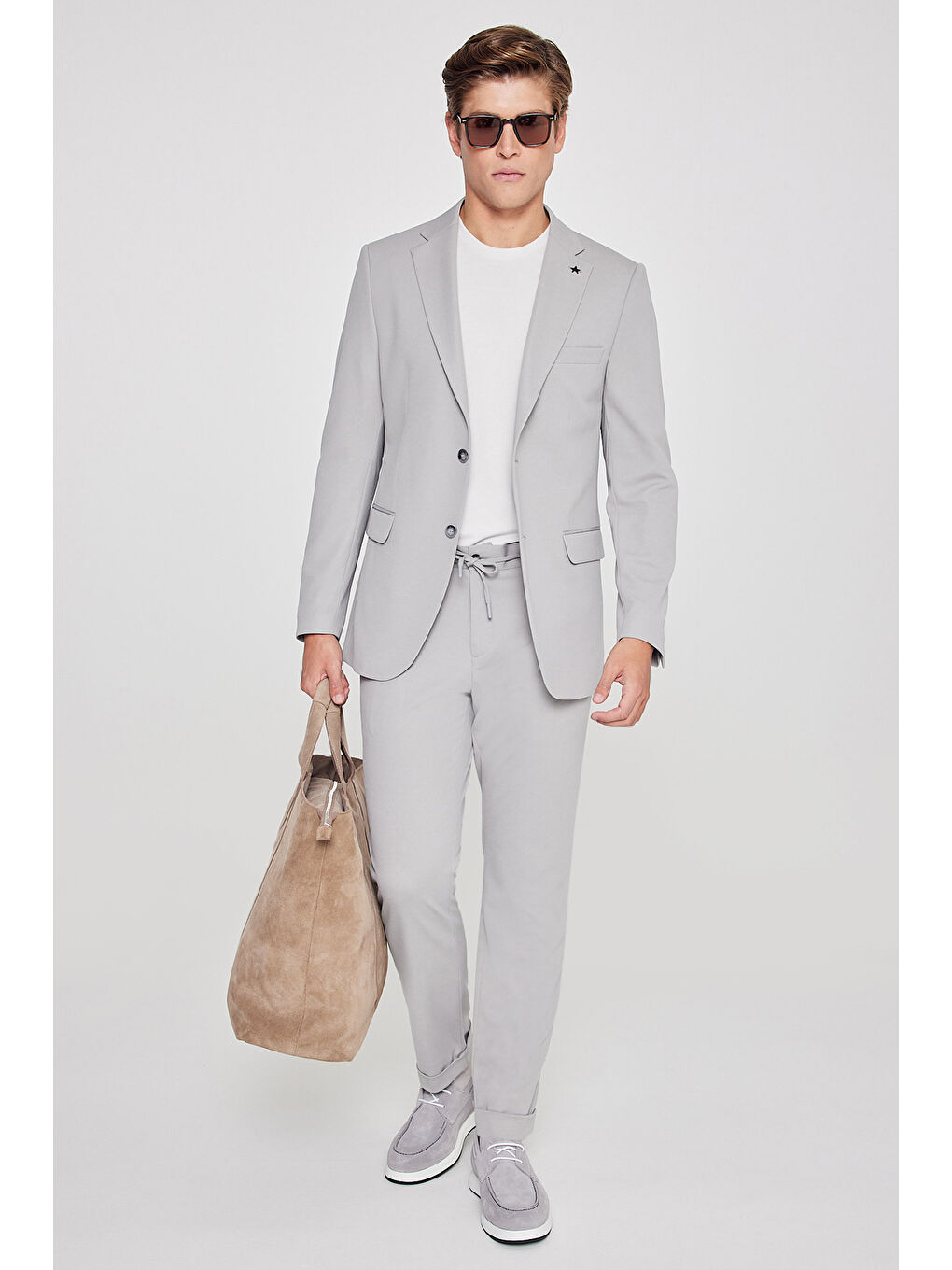 Erkek Gri Slim Fit Dar Kesim Mono Yaka Beli Bağlamalı Kapak Cepli Esnek Takım Elbise