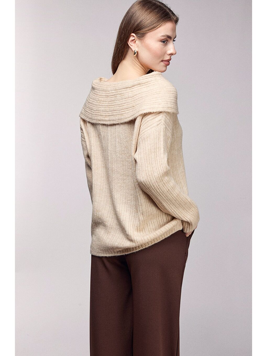 Bej Kayık Yaka Fitilli Oversize Triko Kazak-4