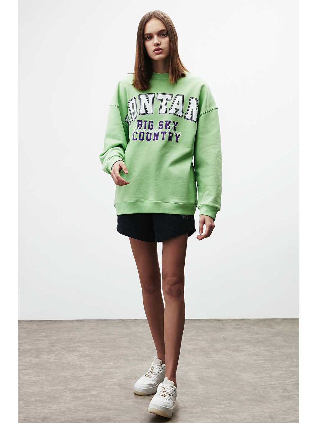 Ramona Kadın Oversize Yumuşacık İçi Polarlı Organik Pamuklu Baskılı Yuvarlak Yakalı Yeşil Sweatshirt-4