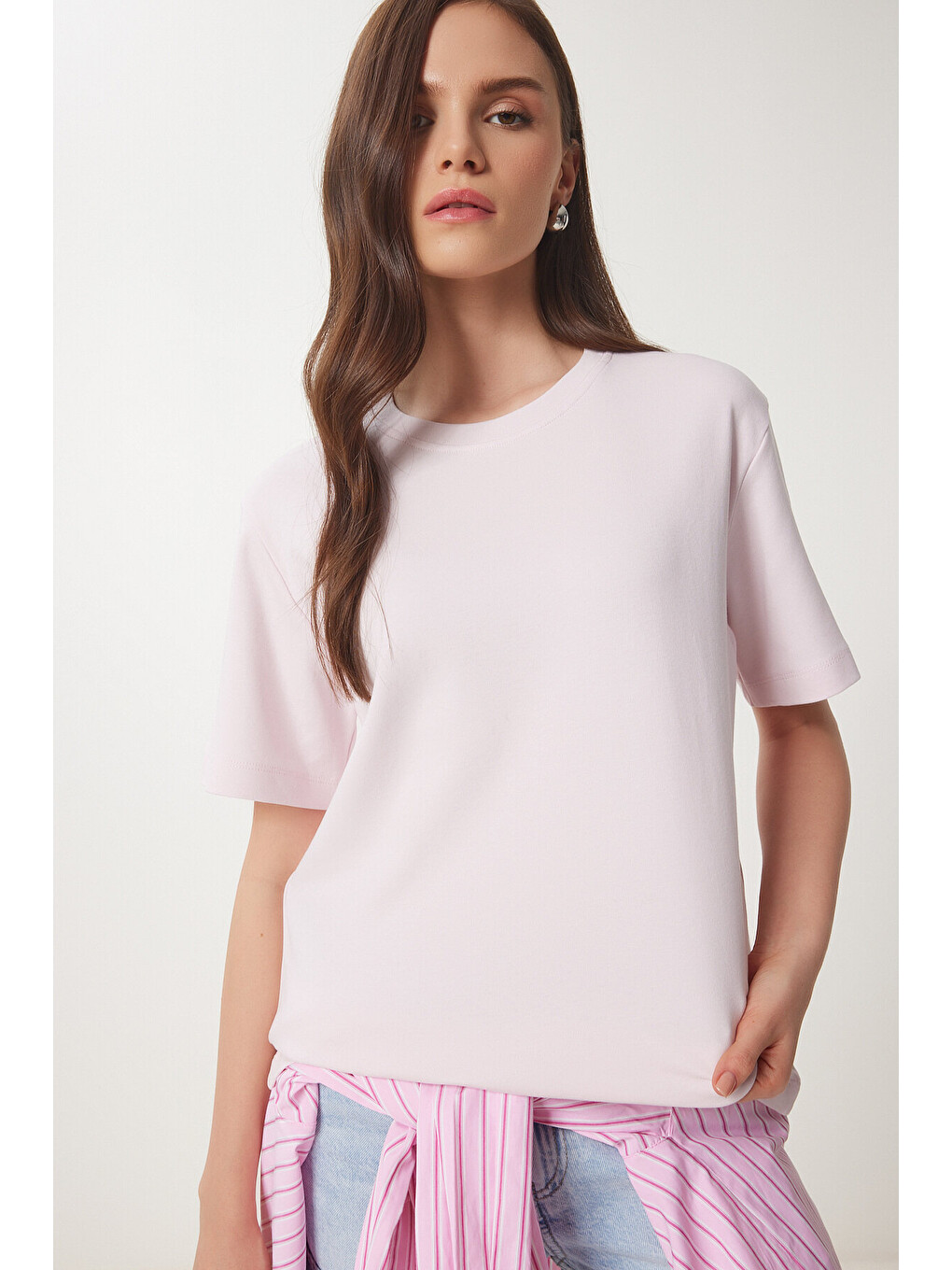 Pembe Basic Pamuklu Örme T-shirt ŞEKER PEMBE LUS0094