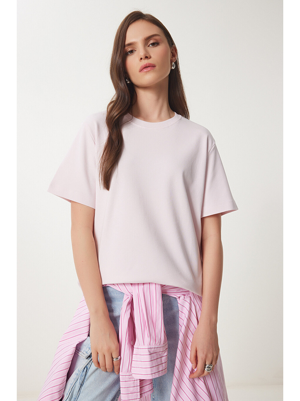 Pembe Basic Pamuklu Örme T-shirt ŞEKER PEMBE LUS0094-1