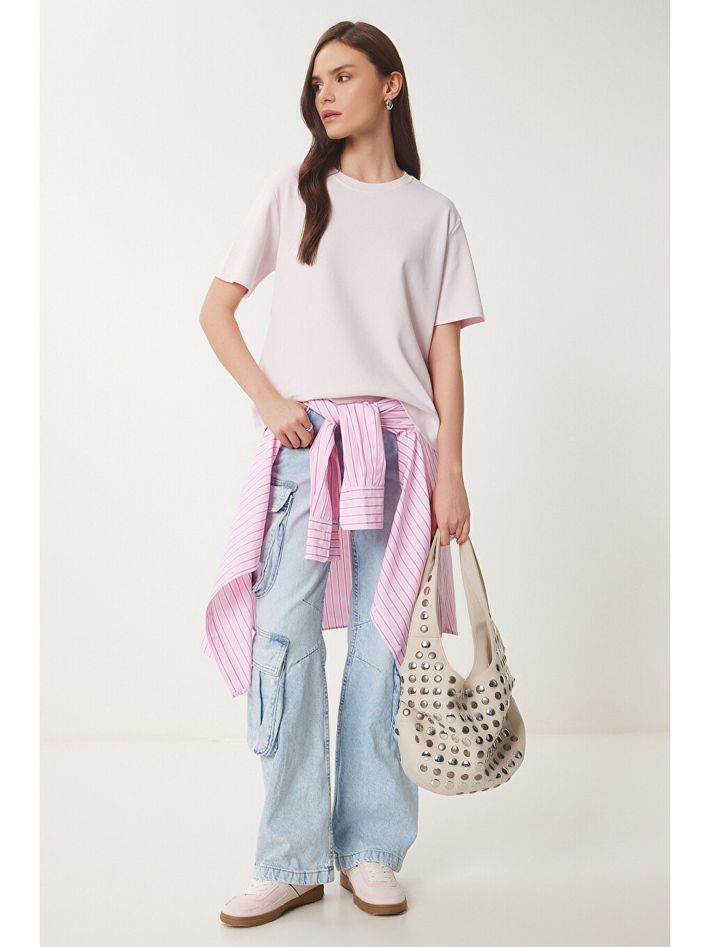 Pembe Basic Pamuklu Örme T-shirt ŞEKER PEMBE LUS0094-2