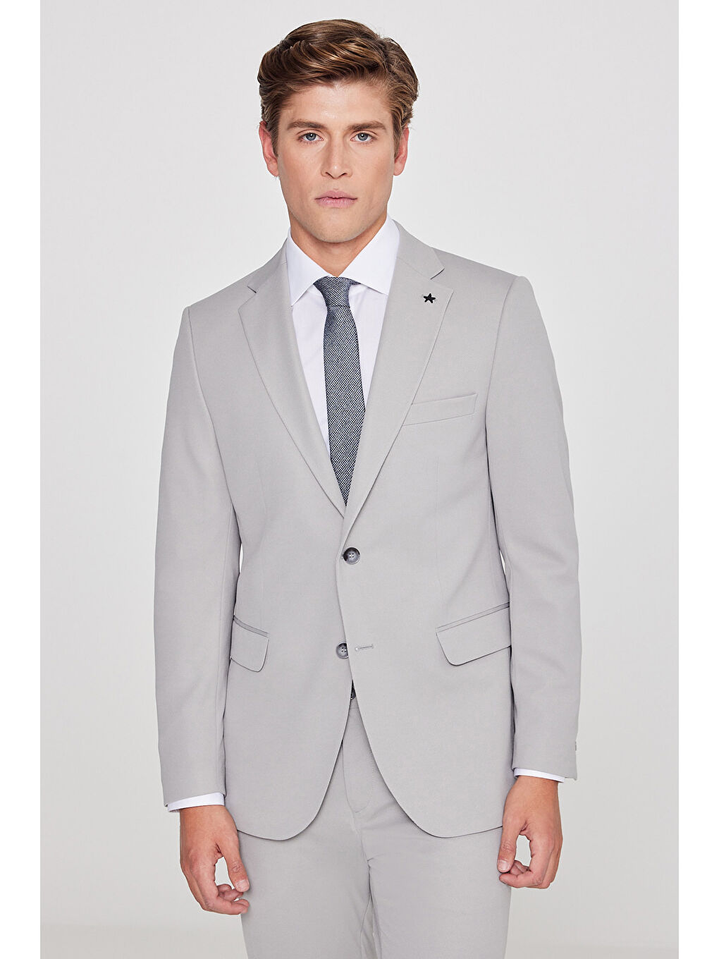 Erkek Gri Slim Fit Dar Kesim Mono Yaka Beli Bağlamalı Kapak Cepli Esnek Takım Elbise-1