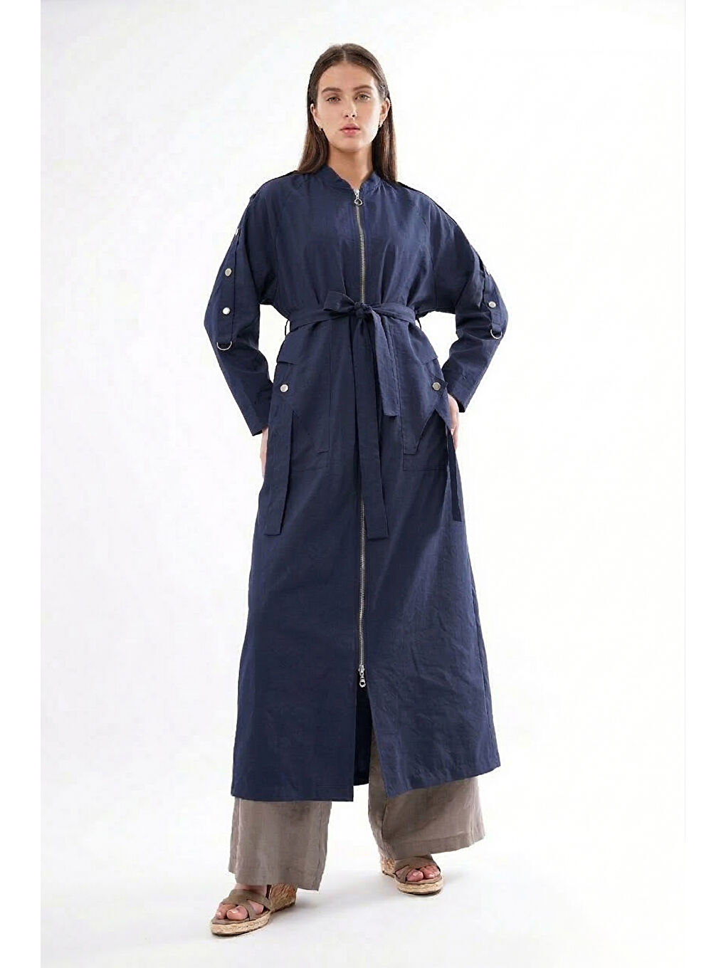 Kolu Çıtçıt Detay Önden Fermuarlı Safari Kap Ceket 820 Lacivert