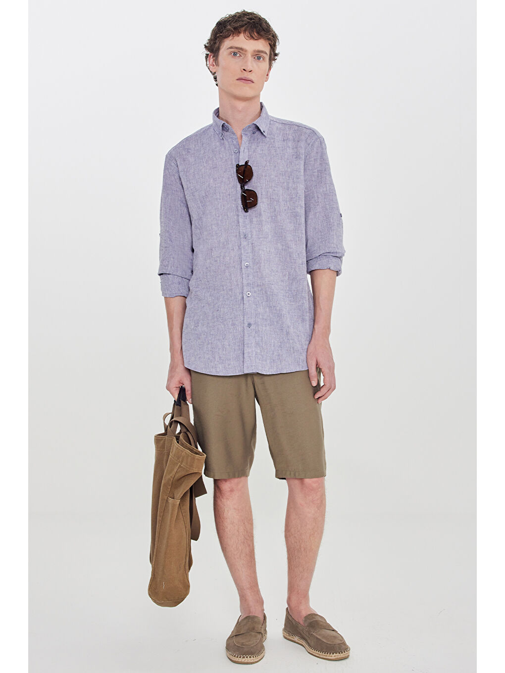 Erkek Gri Pamuklu Keten Comfort Fit Düğmeli Yaka Çizgili Gömlek-1