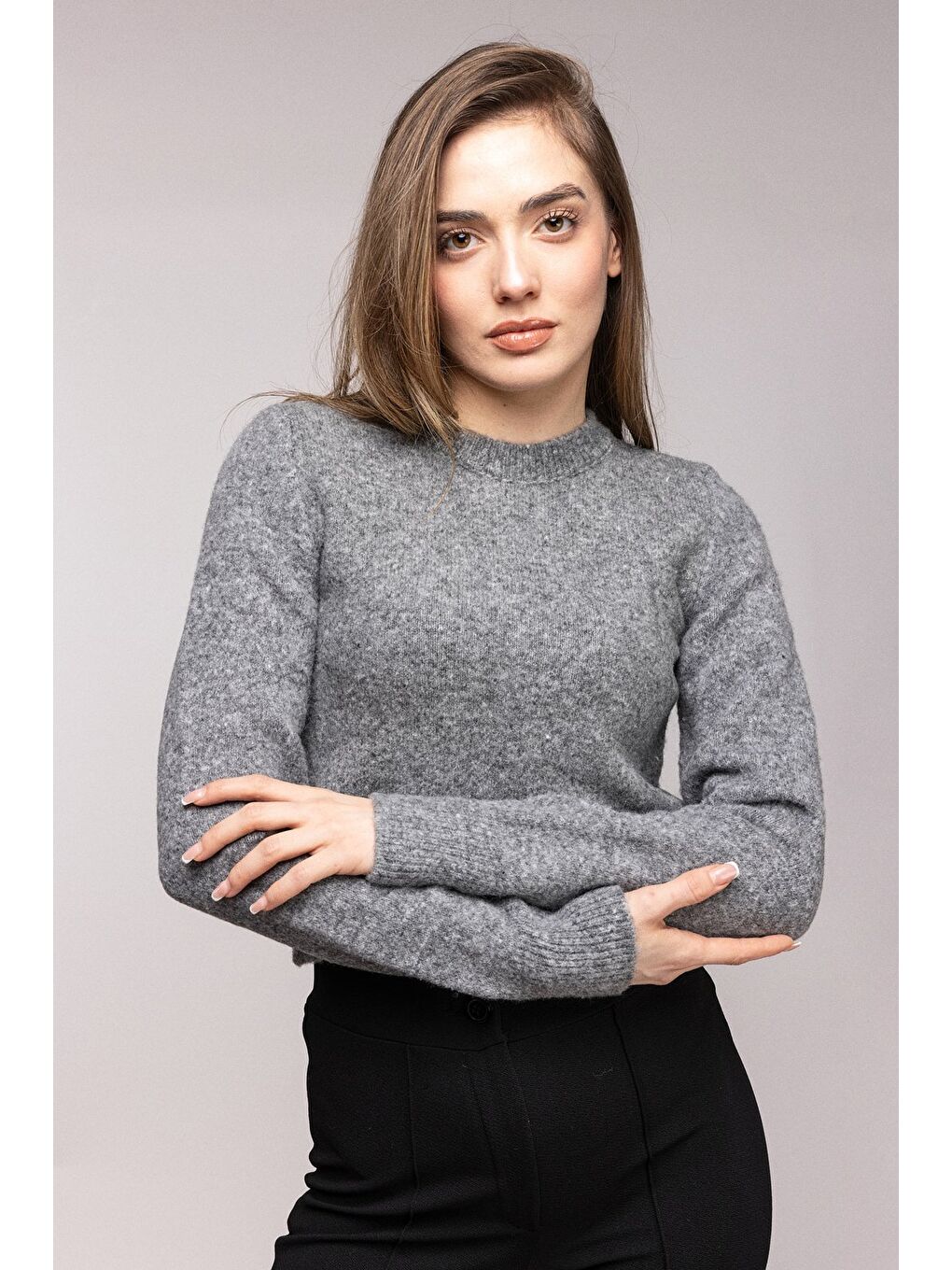 Beyaz Gri Bisiklet Yaka Basic Yumuşak Dokulu Triko Kazak-1