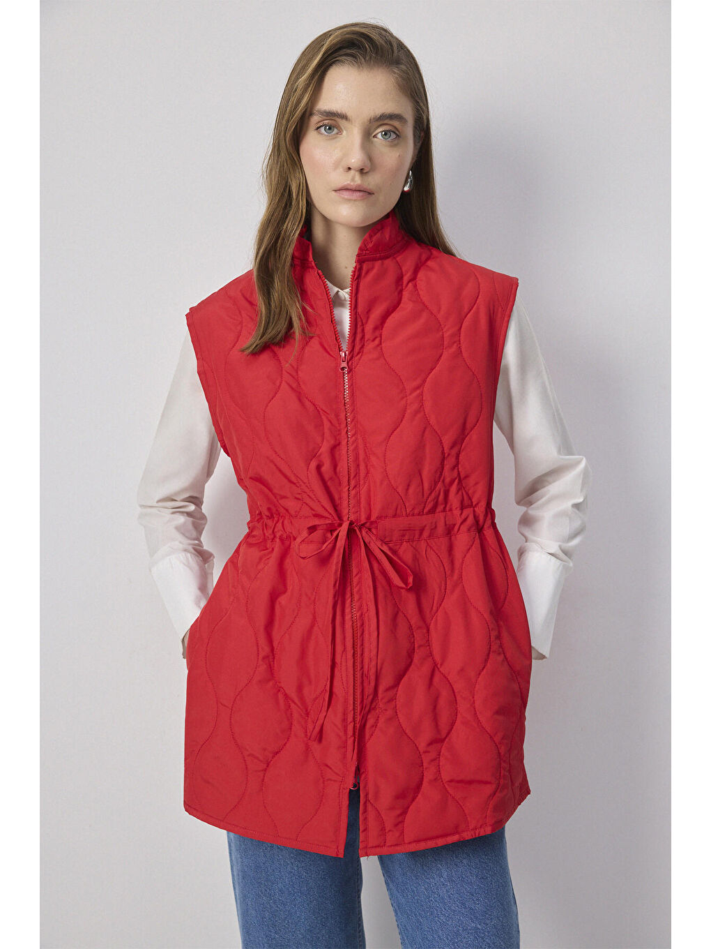 Kırmızı Fermuarlı Kapitone Yelek-2