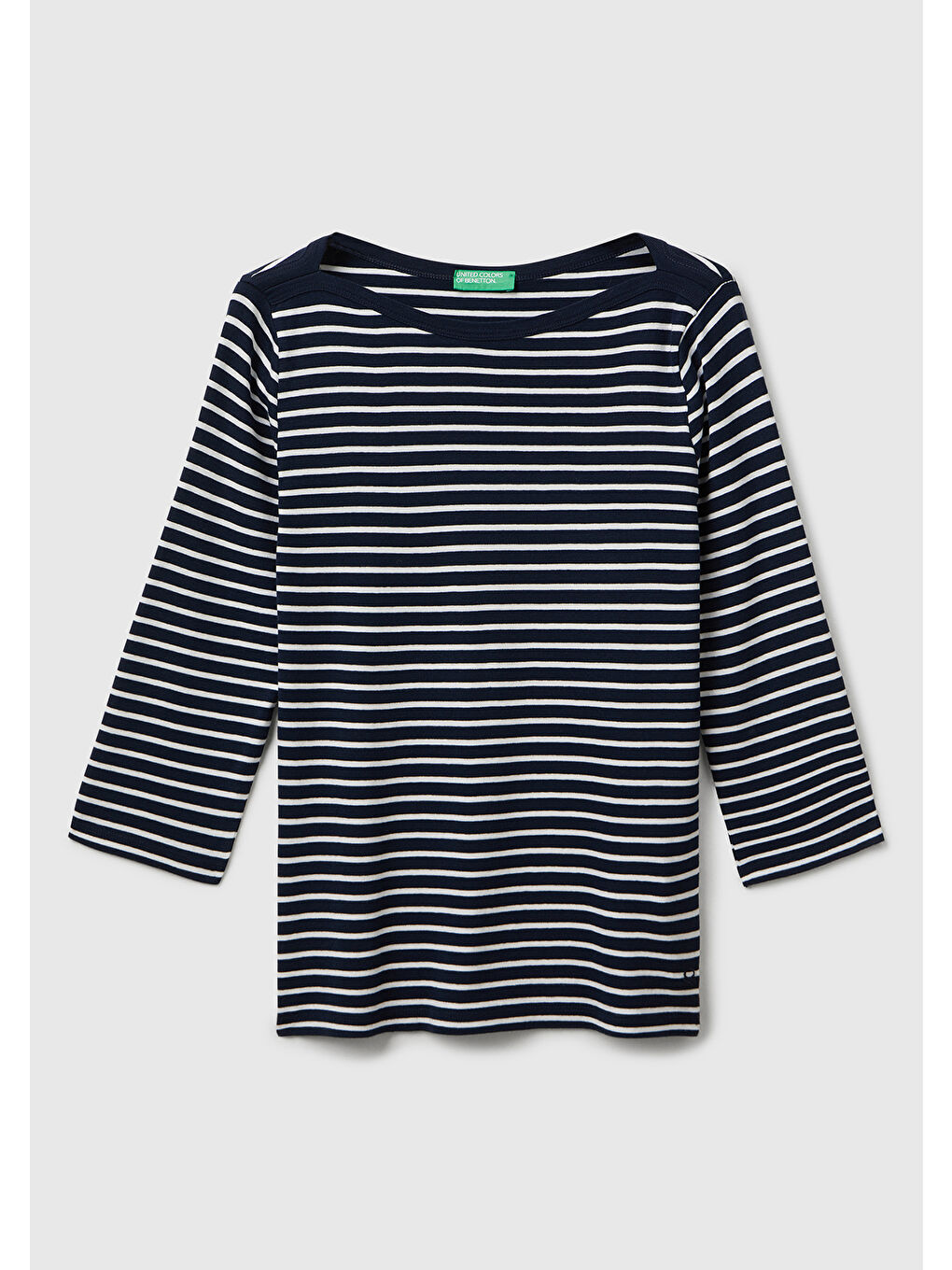 Kadın Lacivert %100 Pamuk Çizgili Logolu Kayık Yaka Truvakar Kol T-Shirt-1