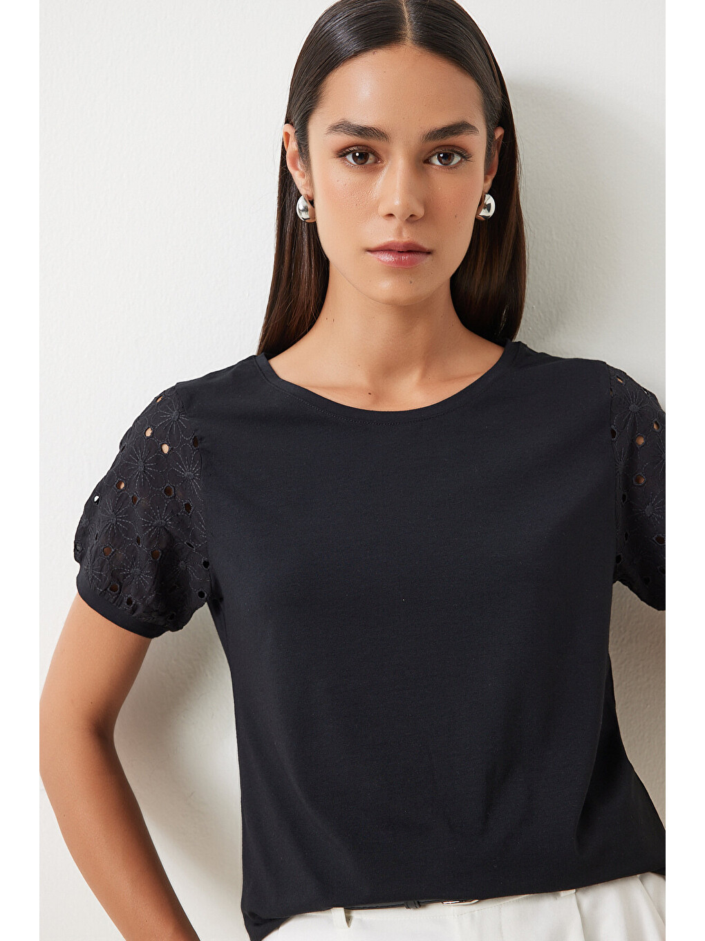 Siyah Güpür Kollu Pamuklu Basic Örme T-shirt SİYAH LVF0001-1