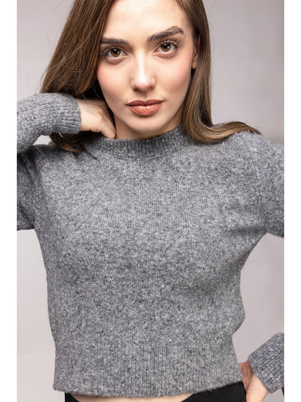 Beyaz Gri Bisiklet Yaka Basic Yumuşak Dokulu Triko Kazak-2