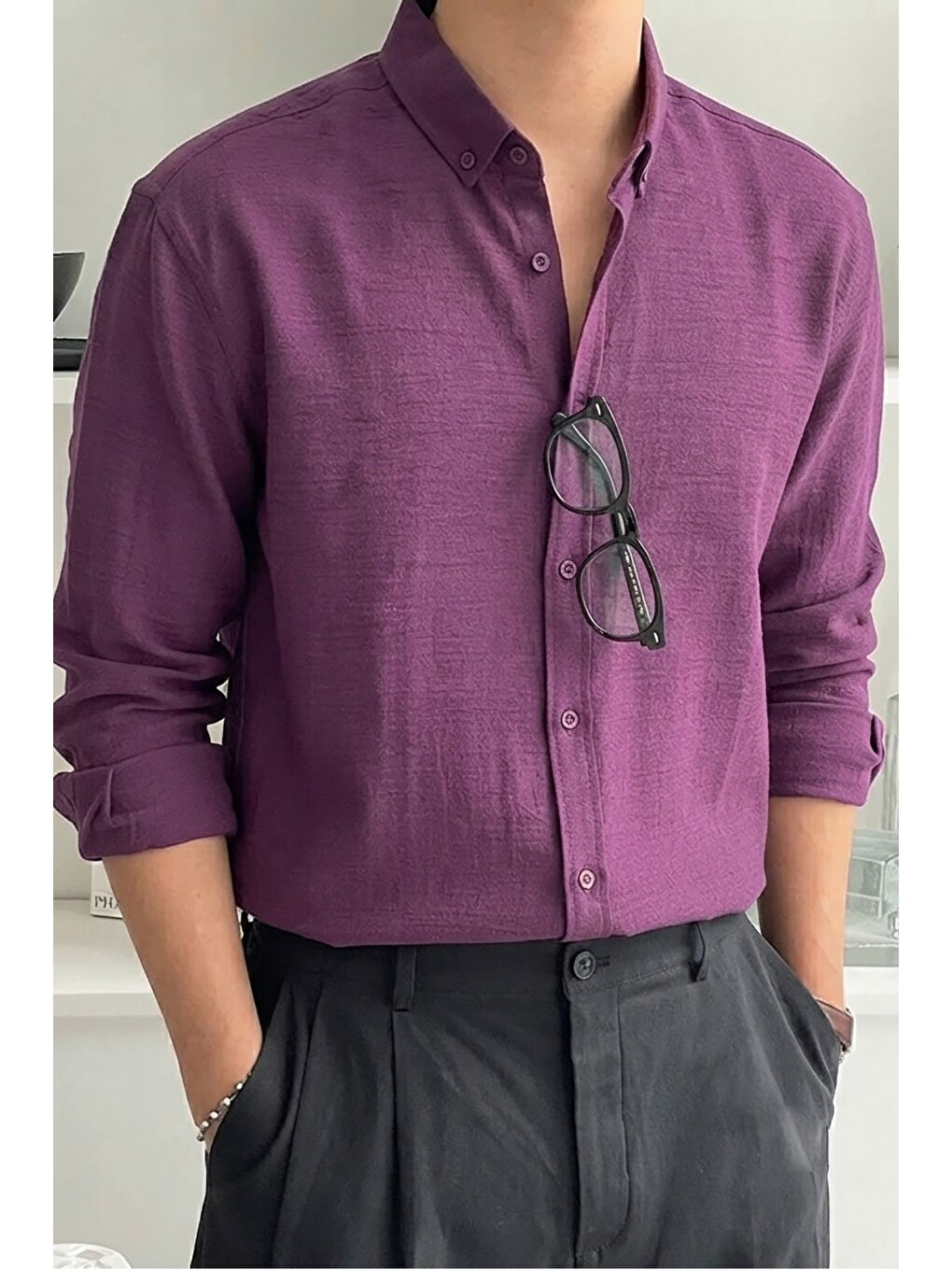 Mürdüm Erkek Oversize Kesim Keten Görünümlü Gömlek-2