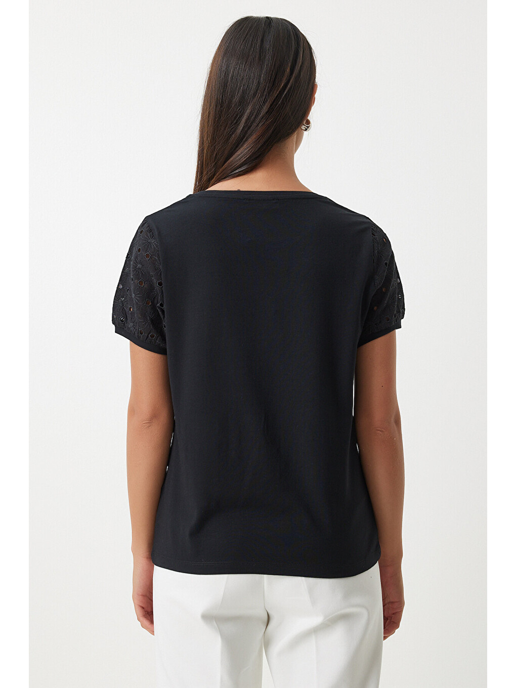 Siyah Güpür Kollu Pamuklu Basic Örme T-shirt SİYAH LVF0001-4