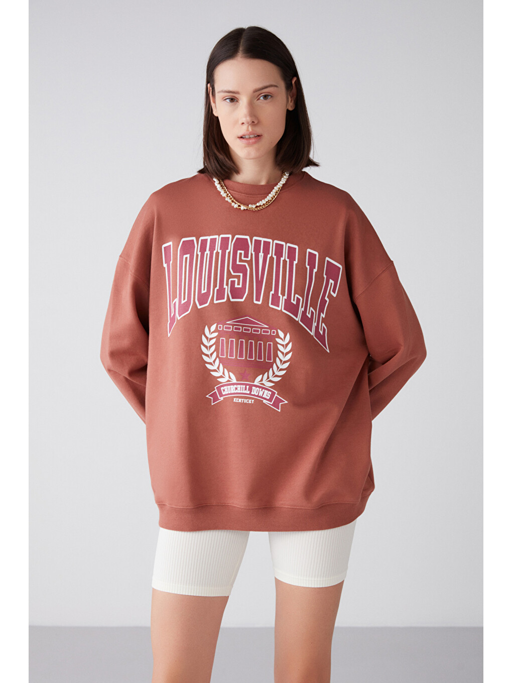 Kahverengi Ramona Kadın Oversize Yumuşacık İçi Polarlı Organik Pamuklu Baskılı Yuvarlak Yakalı Kiremit Sweatshi-3