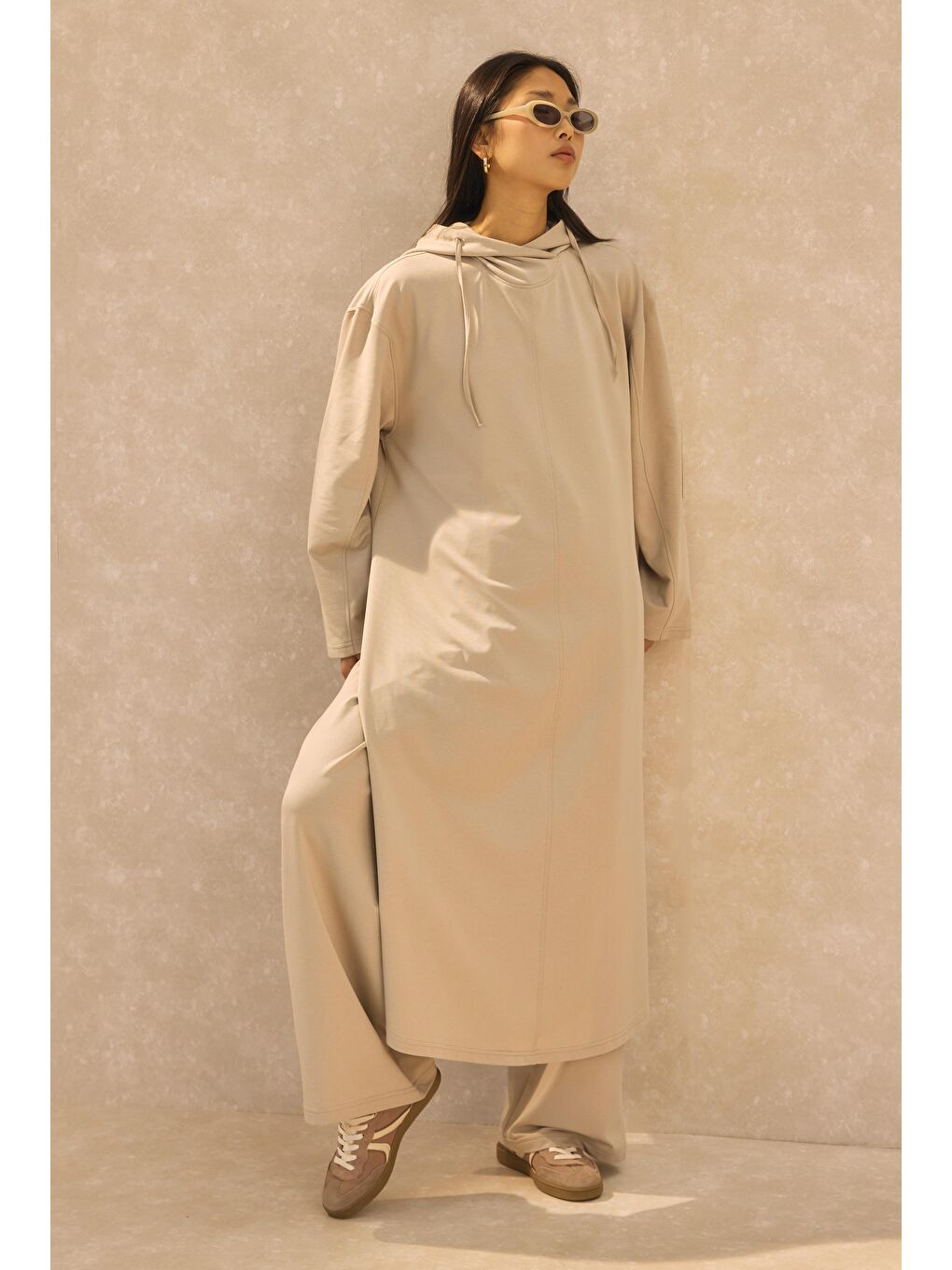 Ekru Kapüşonlu Uzun Sweat İstiridye-1